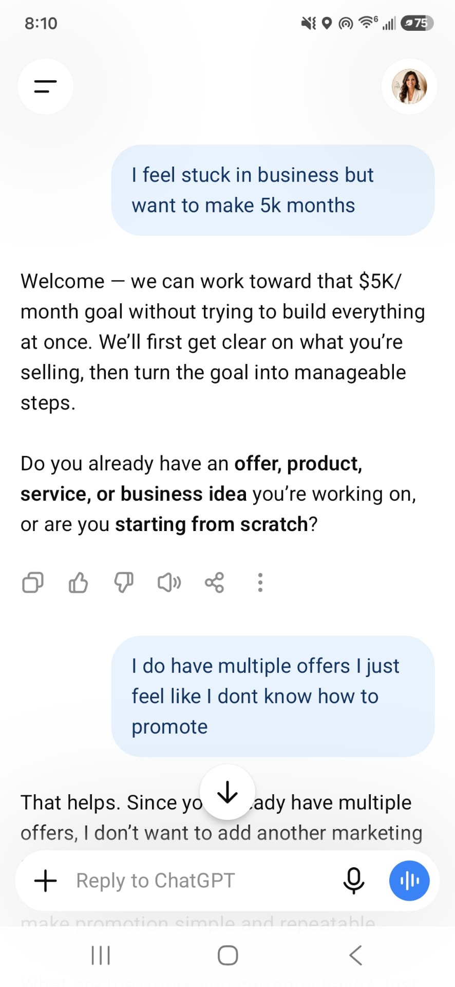 ChatGPT conversation with the From Stuck to Started Business Coach showing a user asking about getting unstuck in business and the coach responding with a clear next step