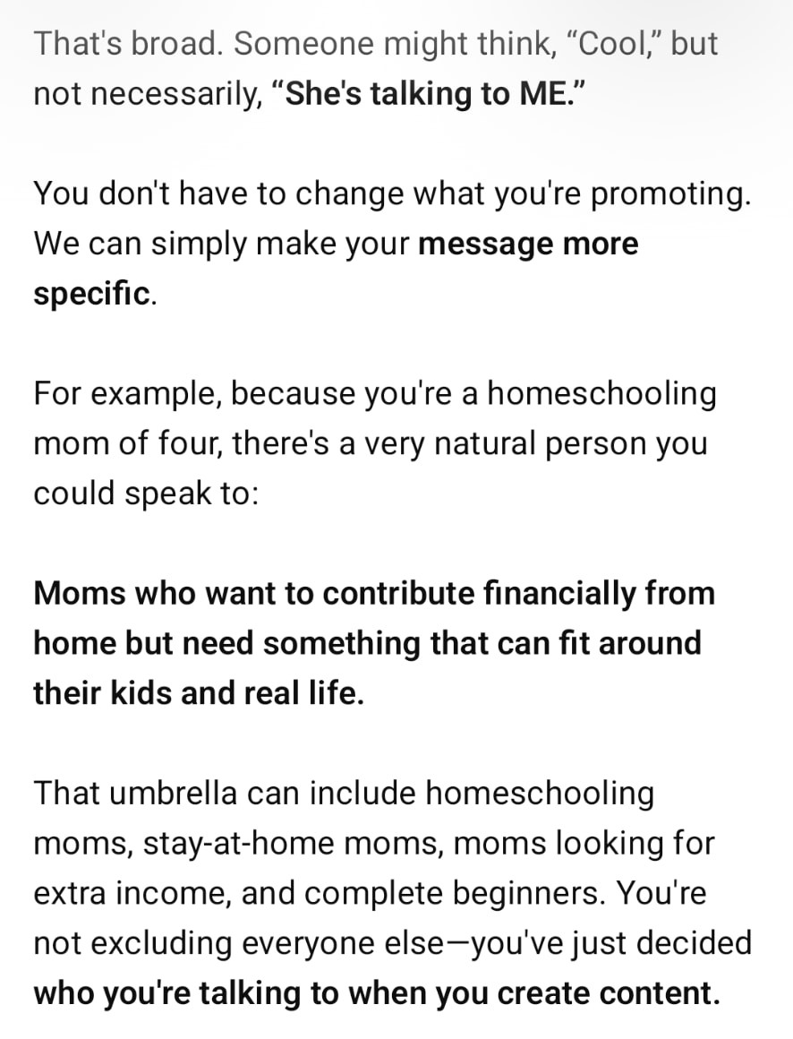 Real ChatGPT screenshot: the coach suggests keeping what she promotes but speaking to moms who want to contribute financially from home around their kids and real life.